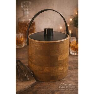 Vintage Irvinware Wood Grain Ice Bucket Black Lid Handle Made USA